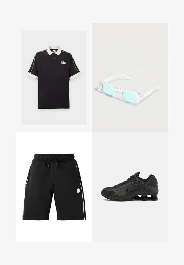 Polo negro de manga corta con cuello y puños blancos, ribete blanco en las mangas y logo blanco de Nike en el pecho izquierdo.; Pantalones cortos negros hasta la rodilla con cintura elástica y cordón, rayas blancas verticales en los lados y pequeño logo redondo en el muslo izquierdo.; Zapatillas de running negras con un upper sintético liso, detalles perforados, paneles laterales texturizados y una suela distintiva y elástica.; Gafas rectangulares transparentes con montura gruesa transparente y lentes tintados de azul claro, descansando sobre una superficie blanca.