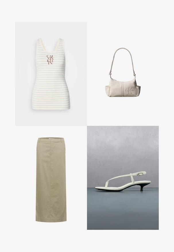 Ærmeløs tanktop lavet af cremefarvet stof med blå vandrette striber og et centreret brunt "CALVIN KLEIN" logo. Glat tekstur.; Beige linned midi nederdel med en flad talje, sidelommer og en lige silhuet, der har minimal syning og ingen synlig hardware.; Hvid sandal med stropper og kitten-hæl med spids tå, svævende over et trægulv udendørs med en sløret plante og væg i baggrunden.; Lille beige læder skuldertaske med justerbar rem og præget Calvin Klein-logo foran i midten.