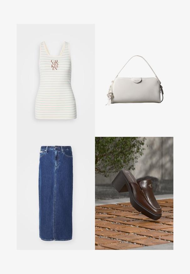 Mouwloos tanktop gemaakt van crèmekleurige stof met blauwe horizontale strepen en een gecentreerd bruin "CALVIN KLEIN" logo. Soepele textuur.; Donkerblauwe denim rok tot op de knie, met een vooruitsnijding, traditionele tailleband en vijf zakken met contrasterende stiksels.; Bruine leren Calvin Klein mule met hak die boven houten tegelvloer zweeft met een vervaagde groene plant en muur op de achtergrond.; Witte rechthoekige Calvin Klein handtas met enkele handgreep, minimalistisch ontwerp en decoratieve kwastjes met geometrische metalen hanger aan de zijkant.