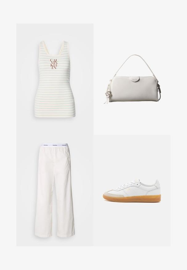 Ærmeløs tanktop lavet af cremefarvet stof med blå vandrette striber og et centreret brunt "CALVIN KLEIN" logo. Glat tekstur.; Hvide brede bukser med elastisk talje og et kontrasterende Calvin Klein-logo. Fremstillet af glat stof, giver de en afslappet pasform.; Hvide lædersneakers med beige ruskindsdetaljer, gummisål og snøredesign. Har diskret branding i guld.; Hvid rektangulær Calvin Klein håndtaske med enkelt håndtag, minimalistisk design og dekorative kvaster med geometrisk metalvedhæng på siden.