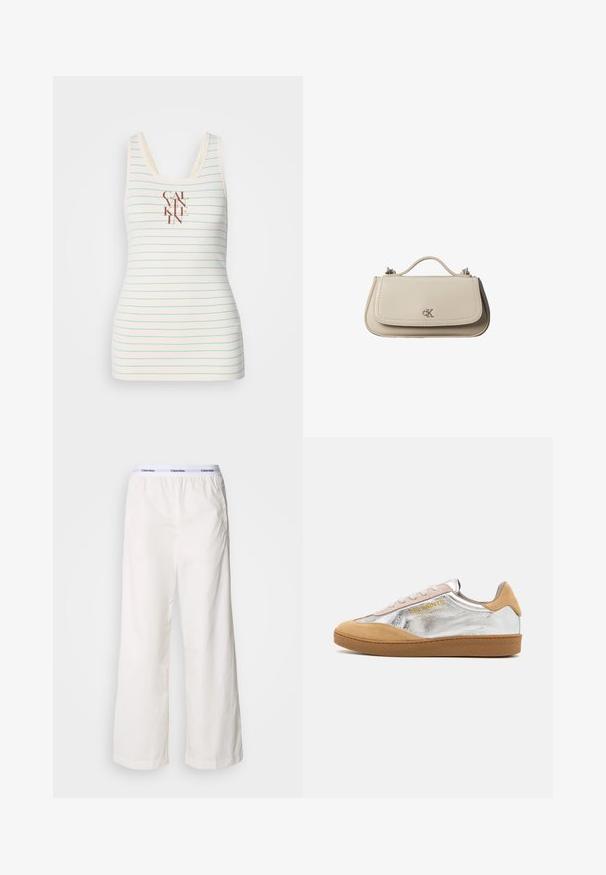 Débardeur sans manches en tissu crème avec des rayures horizontales bleues et un logo "CALVIN KLEIN" centré en marron. Texture lisse.; Pantalons larges blancs avec une taille élastique arborant un logo Calvin Klein en contraste. Fabriqués à partir d'un tissu lisse, ils offrent une coupe décontractée.; Baskets en suède argent et beige avec une semelle en caoutchouc texturée, des lacets beiges et un logo imprimé en jaune sur le côté.; Petit sac à main en cuir beige avec poignée supérieure et logo CK argenté sur le rabat avant, présenté sur fond blanc.