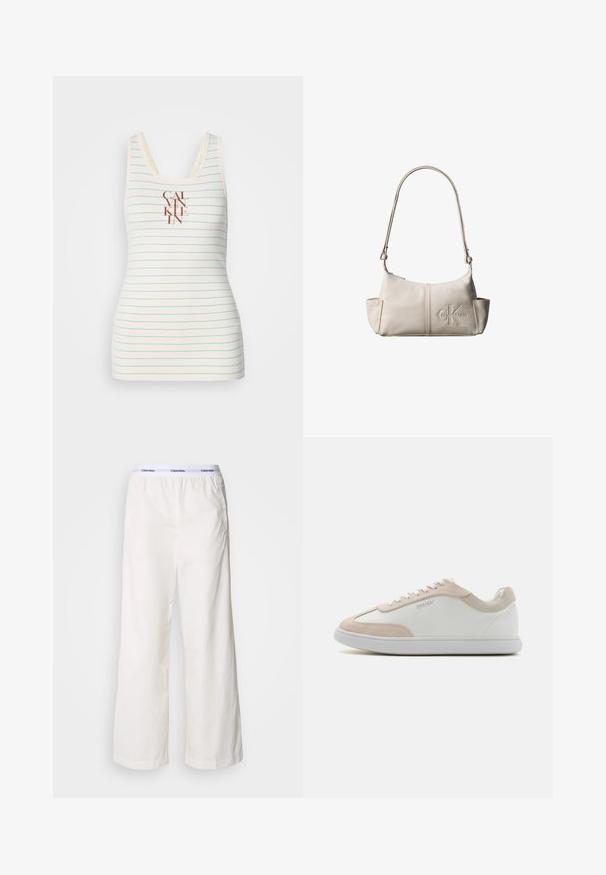 Débardeur sans manches en tissu crème avec des rayures horizontales bleues et un logo "CALVIN KLEIN" centré en marron. Texture lisse.; Pantalons larges blancs avec une taille élastique arborant un logo Calvin Klein en contraste. Fabriqués à partir d'un tissu lisse, ils offrent une coupe décontractée.; Baskets en cuir blanc avec des accents en suède beige et des lacets blancs. Elles présentent un bout arrondi et une semelle rembourrée pour plus de confort.; Petit sac à bandoulière en cuir beige avec une sangle ajustable et un logo Calvin Klein embossé au centre avant.