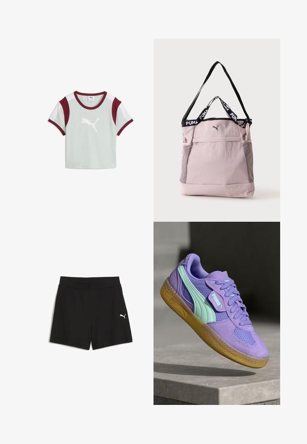Camiseta Puma gris claro de manga corta con logo blanco, cuello, puños y paneles de hombro en color granate.; Pantalones cortos negros hechos de tela acanalada, con una amplia cinturilla elástica y un pequeño logo de Puma en blanco en la parte inferior izquierda.; Zapatillas de ante púrpura y malla con acentos en menta, diseño de cordones y suela de goma texturizada. Presenta la marca PUMA en el lateral.; Bolso tote Puma rosa claro con correa negra para el hombro, asas cortas con el logo de Puma, bolsillo delantero con cremallera y bolsillos laterales de malla.