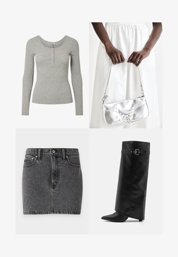 Hellgraues, geripptes Langarmoberteil mit Rundhalsausschnitt und vier Knöpfen, figurbetonte Silhouette und weichem Strickstoff.; Dunkelgrau Rock aus Denim mit silbernen Nietenverzierungen. Hat eine taillierte Form, ein klassisches Fünf-Taschen-Design und Gürtelschlaufen.; Even&Odd by Zalando High Heel Stiefel - black; Silberne metallische Handtasche mit Schnürdetail, die ein elegantes Design und einen kurzen Tragegurt aufweist. Die Tasche wird in den Händen gehalten und zeigt ihre Textur.