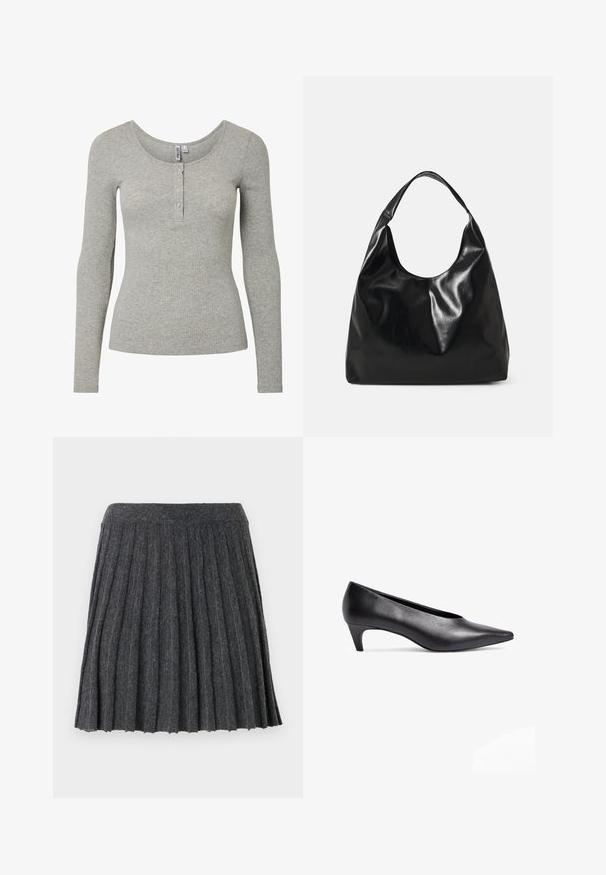 Lichtgrijs geribd shirt met lange mouwen, ronde halslijn en een knoopsluiting met vier knopen, aansluitende pasvorm en zachte gebreide stof.; Vero Moda Knitted VMMARINA Short - Minirok - dark grey; Zwarte leren low-heeled pumps met een puntige neus. Soepele textuur en slanke silhouet, met een gebogen hak voor stabiliteit.; Zwarte leren hobo tas met een zachte, glanzende textuur en een ronde, open bovenkant. Voorzien van een brede, gebogen schouderband om te dragen. Geen zichtbare hardware.