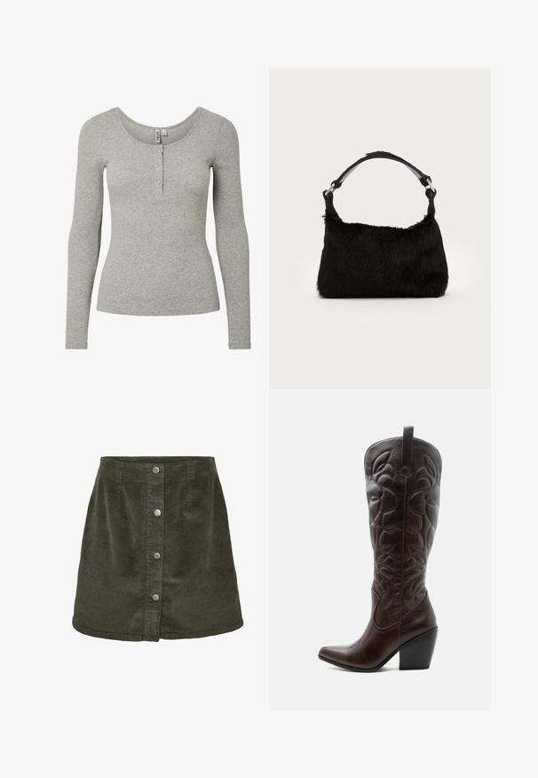 Top de manga larga en gris claro con textura acanalada, escote redondo y tapeta con cuatro botones, silueta ajustada y tejido de punto suave.; Falda mini de pana en verde oscuro con forma de línea A, que cuenta con cinco cierres de botones plateados en la parte delantera y textura acanalada vertical.; Bota vaquera alta de cuero marrón oscuro con patrones decorativos cosidos, punta puntiaguda y tacón de bloque apilado.; Bolso de mano de piel sintética negra con una textura suave, forma redondeada y una resistente correa de cuero negro para el hombro. Acentos de herrajes plateados visibles.
