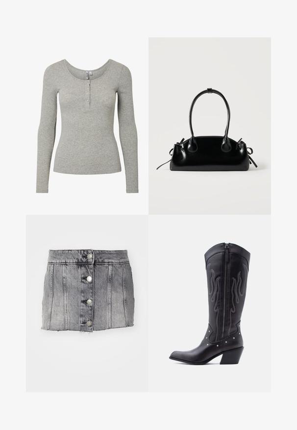 Haut à manches longues gris clair côtelé avec encolure ronde et patte de boutonnage à quatre boutons, silhouette ajustée et tissu tricoté doux.; Jupe en denim gris à taille haute, avec cinq boutons en argent, des coutures verticales et un ourlet brut. A une silhouette ajustée et une texture douce.; Bottes de cow-boy en cuir noir avec bout pointu, coutures apparentes, ornements à clous argentés et fermeture éclair sur le côté intérieur.; Petit sac à main noir brillant avec deux longues anses et des détails à cordon sur les côtés sur un fond clair uni.