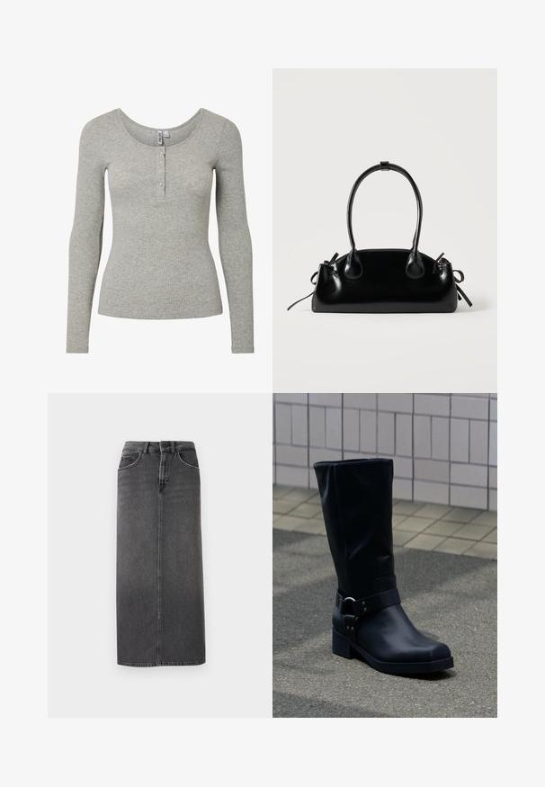 Hellgraues, geripptes Langarmoberteil mit Rundhalsausschnitt und vier Knöpfen, figurbetonte Silhouette und weichem Strickstoff.; Grauer Denim-Midirock mit geradem Schnitt, Fünf-Taschen-Design und Gürtelschlaufen. Mit einer vorderen Knopfleiste und minimalistischem Stich.; Schwarzer Lederstiefel bis zur Mitte der Wade mit niedrigem Blockabsatz und dekorativem Riemen mit Metallschnalle um den Knöchel, auf einem gefliesten Gehweg.; Kleine schwarze glänzende Handtasche mit zwei langen Griffen und seitlichen Kordelzug-Details vor einfachem hellem Hintergrund.