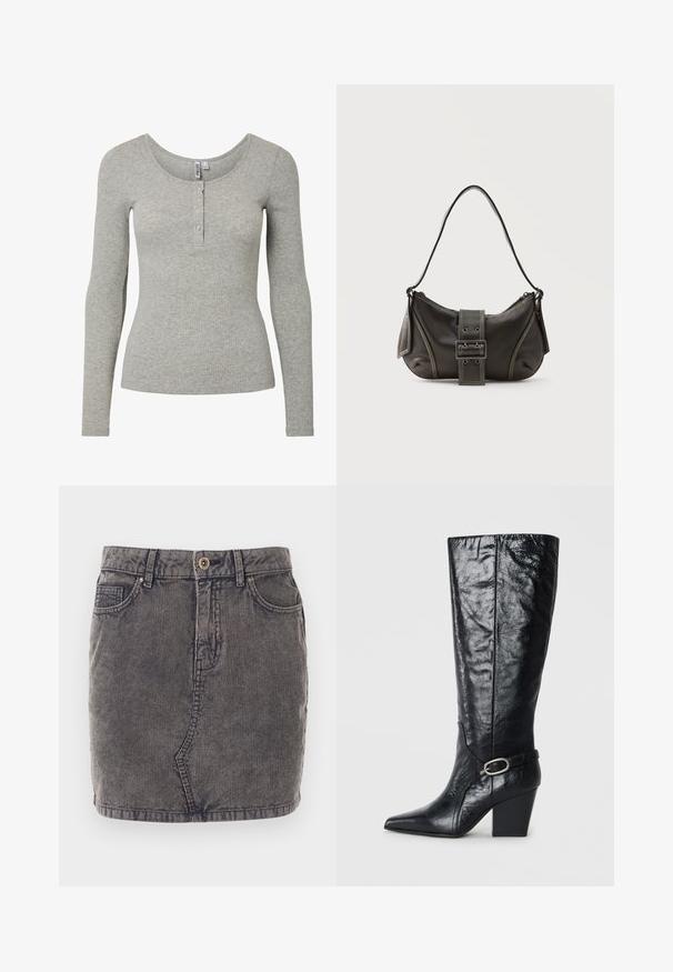 Haut à manches longues gris clair côtelé avec encolure ronde et patte de boutonnage à quatre boutons, silhouette ajustée et tissu tricoté doux.; Jupe en denim grise avec une texture côtelée verticale, dotée d'une fermeture à boutons sur le devant, de deux poches latérales et d'un ourlet droit.; Bottes noires montantes en cuir brillant, avec un bout pointu, une forme structurée, et une sangle décorative avec une boucle en argent.; Sac à épaule en cuir noir avec une sangle à boucle, des bords arrondis et des coutures blanches contrastées sur un fond uni.