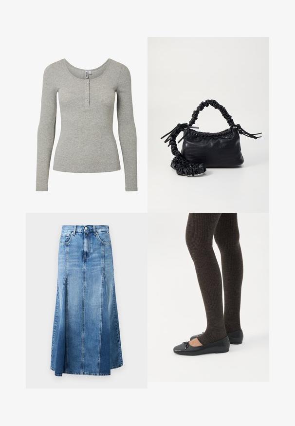 Vaaleanharmaa ribbineulottu pitkähiha, jossa pyöreä pääntie ja neljän napin niskakiinnitys, istuva leikkaus ja pehmeä neuloskangas.; Denim-hame, jossa on vaaleasta tummansiniseksi menevä gradientti, polvipituinen, suora leikkaus, etureiät sekä klassinen nappi- ja vetoketjukiinnitys.; Jalat, joissa tummat ribbineuleiset leggingsit yhdistettynä mustiin balettitossuihin, joissa on pienet rusettikoristeet valkoisella taustalla.; Must-have mustekahvi nahkalaukku krokotiiliaistalla, kiristetty yläosa ja rypistetty hihna. Näyttää pehmeältä ja kompaktilta muotoilultaan.