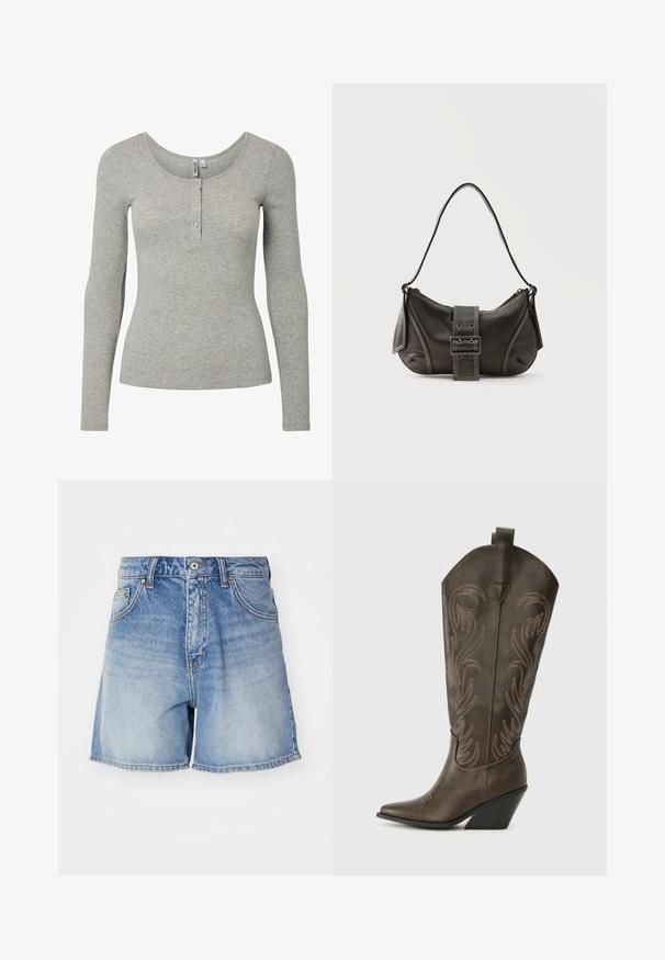 Top de manga larga en gris claro con textura acanalada, escote redondo y tapeta con cuatro botones, silueta ajustada y tejido de punto suave.; Shorts de mezclilla de color azul claro con un acabado desgastado, que cuentan con una cintura alta, cinco bolsillos y costuras visibles a lo largo del dobladillo.; Bota de vaquero de cuero marrón con puntera afilada, tacón en cuña y bordado decorativo. Presenta un caña alta y una lengüeta de agarre.; Bolso de hombro de cuero negro con detalle de correa con hebilla, bordes curvos y costuras blancas en contraste sobre un fondo liso.