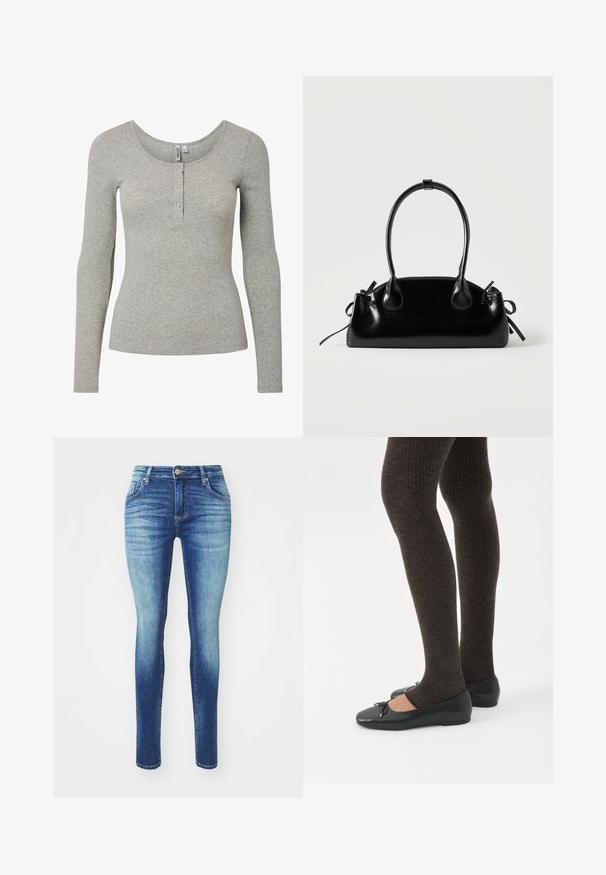 Lysegrå ribbet langærmet top med rund halsudskæring og fire-knaps lukning, tætsiddende silhuet og blødt strikket stof.; Slanke jeans i denimmateriale med en gradient fra lys til mørk blå, klassisk fem-lomme design og lynlås med knaplukning.; Ben iført mørke ribbede leggings kombineret med sorte balletsko med små sløjfedetaljer på hvid baggrund.; Lille sort blank håndtaske med to lange håndtag og snøre-detaljer i siden på en ensfarvet lys baggrund.