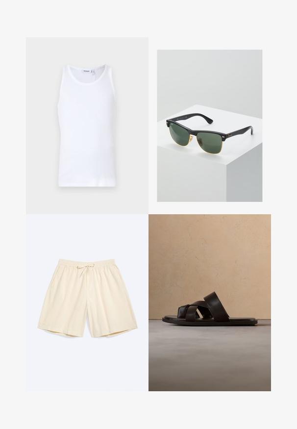 Top sin mangas de algodón blanco con cuello redondo y tirantes anchos. Textura suave, sin patrones, diseño limpio y etiqueta de marca en el escote.; Pantalones cortos color crema hasta la rodilla con cintura elástica y cordón, con bolsillos laterales, colocados planos sobre un fondo claro.; Sandalia deslizante de cuero negro con tres tiras cruzadas, suela plana y textura suave, suspendida sobre una alfombra de fibra natural tejida.; Gafas de sol Ray-Ban con lentes verdes, montura de plástico negro y acentos dorados en los bordes. Forma cuadrada con acabado mate.