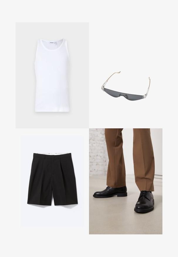 Hvid bomulds tanktop med rund hals og brede stropper. Glat tekstur, ingen mønstre, enkelt design og mærkeetiket på halsudskæringen.; Sorte skræddersyede knælange shorts med bæltestropper, sidelommer, knaplukning og forreste plisseringer, lagt fladt på en hvid baggrund.; Sorte læder sko med glat overflade og rund tå, der har snørebåndslukning og en lav, flad sål. Sammen med brune bukser.; Slanke, rektangulære solbriller med mørkt tonede glas, klare plast hængsler og tynde beige arme, der er buede for enden.