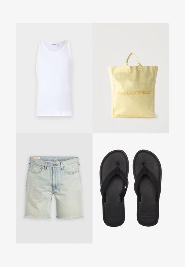 Top sin mangas de algodón blanco con cuello redondo y tirantes anchos. Textura suave, sin patrones, diseño limpio y etiqueta de marca en el escote.; Shorts de mezclilla azul claro con dobladillo deshilachado, cinco bolsillos y costuras en contraste. Cuentan con un cierre de botón y un ligero desgaste en la tela.; Chanclas negras hechas de material suave, con una tira estilo thong, planta texturizada y logo en relieve en la suela.; Bolsa de tela de color amarillo claro con asas dobles y el nombre de la marca "KARL LAGERFELD" impreso en letras mayúsculas en el frente.