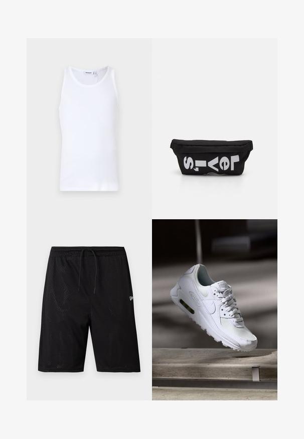 Débardeur en coton blanc avec un col rond et des bretelles larges. Texture lisse, sans motifs, design épuré et étiquette de marque au niveau du col.; Shorts de sport en mesh noirs avec une taille à cordon de serrage, présentant une texture perforée et un petit logo blanc en bas à droite.; Sneaker Nike Air Max 90 blanche avec une tige en mesh et cuir, une boîte à orteils perforée et une unité air visible au talon.; Sac en tissu noir de forme plate, avec un texte blanc en gras. La fermeture éclair est située en haut, avec un détail en boucle sur un côté.