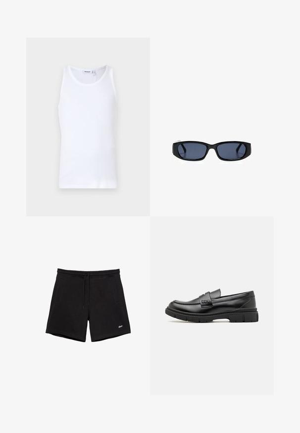 Débardeur en coton blanc avec un col rond et des bretelles larges. Texture lisse, sans motifs, design épuré et étiquette de marque au niveau du col.; Shorts noirs décontractés avec une ceinture élastique, un cordon de serrage, deux poches latérales et un petit logo blanc brodé sur la jambe gauche.; Mocassin en cuir noir avec une large sangle sur le devant, semelle en caoutchouc à épaisse rainure, et texture lisse. Design classique et élégant.; Lunettes de soleil rectangulaires noires avec des verres teintés foncés sur un fond blanc, vues de face.