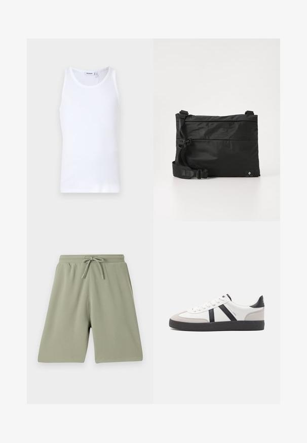 Weißes Baumwoll-Top mit Rundhalsausschnitt und breiten Trägern. Glatte Textur, keine Muster, schlichte Gestaltung und Markenlabel am Halsausschnitt.; Hellgrüne Shorts aus einem strukturierten Stoff mit einem elastischen Bund und Kordelzug. Gerade geschnitten und knielang.; Weiße Sneaker mit schwarz- und grau-aczenten, ausgestattet mit einer strukturierten grauen Zehenkappe, schwarzer Gummi-Sohle und flachen weißen Schnürsenkeln. Sauberes Design, minimalistische Stil.; Schwarze Nylon-Umhängetasche mit verstellbarem Riemen, flachem Design und seitlichem Etikett mit Logo. Glatte Textur und minimalistischer Stil.