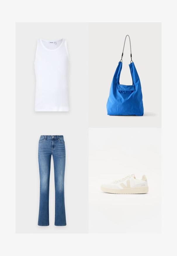 Weißes Baumwoll-Top mit Rundhalsausschnitt und breiten Trägern. Glatte Textur, keine Muster, schlichte Gestaltung und Markenlabel am Halsausschnitt.; ONLY ONLWAUW MID WAIST - Jeans Slim Fit - medium blue denim; Weißer Sneaker mit beigen Akzenten, ausgestattet mit einem strukturierten Obermaterial, runder Zehenpartie und einer dicken Gummisohle. Das Design umfasst das ikonische V-Logo und Branding.; Hellblaue weiche Stofftasche mit schwarzem und weißem Kordel-Schulterriemen vor hellem einfarbigem Hintergrund.
