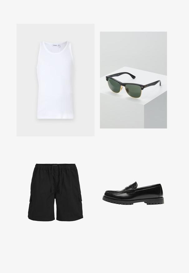 Hvid bomulds tanktop med rund hals og brede stropper. Glat tekstur, ingen mønstre, enkelt design og mærkeetiket på halsudskæringen.; Sorte cargo shorts med elastisk talje, snor, sidelommer og et tekstureret stof. Designet til komfort og funktionalitet.; Sort læderloafer med en kraftig gummisål og klassiske penny-strap detaljer, vist fra ydersiden.; Ray-Ban solbriller med grønne linser, sorte plastikstel og gyldne detaljer ved kanterne. Firkantet form med mat finish.