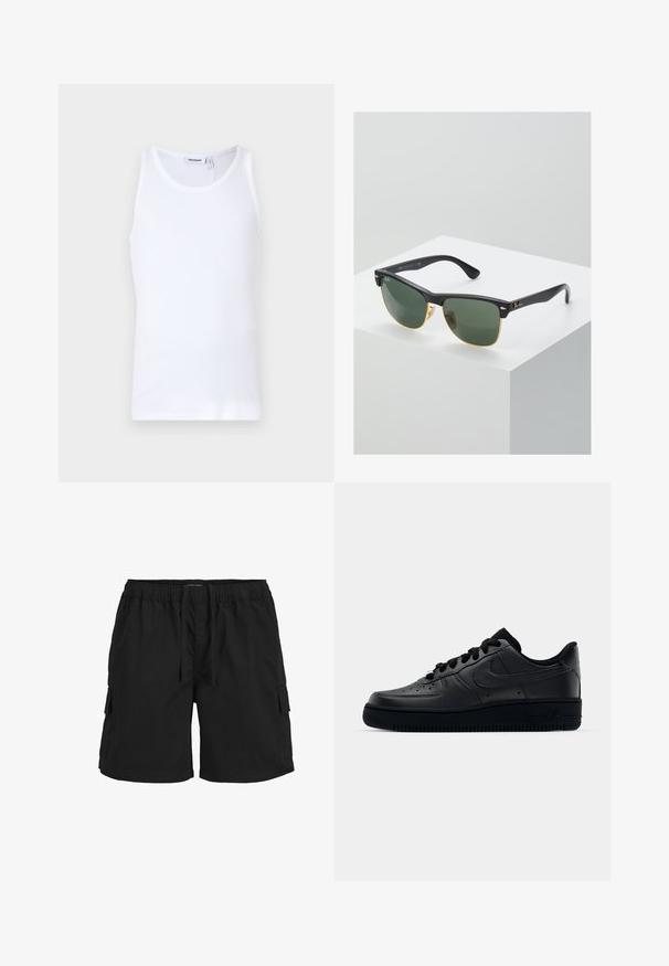 Hvid bomulds tanktop med rund hals og brede stropper. Glat tekstur, ingen mønstre, enkelt design og mærkeetiket på halsudskæringen.; Sorte cargo shorts med elastisk talje, snor, sidelommer og et tekstureret stof. Designet til komfort og funktionalitet.; Sort Nike Air Force 1 sneaker med en glat læderoverdel, perforeret tå for åndbarhed, sorte snørebånd og en textured gummisål.; Ray-Ban solbriller med grønne linser, sorte plastikstel og gyldne detaljer ved kanterne. Firkantet form med mat finish.
