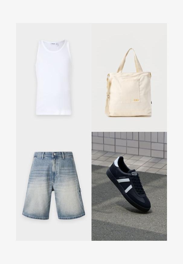 Witte katoenen tanktop met ronde hals en brede banden. Gladde textuur, geen patronen, schoon ontwerp en een merklabel op de halslijn.; Denim shorts in een vervaagde blauwe kleur, losse pasvorm en rechte snit. Voorzien van vijf zakken en riemlussen met een subtiel versleten patroon.; Zwarte leren sneaker met witte strepen, een gestructureerde rubberen zool en vetersluiting aan de voorkant. Voorzien van een merklabel op de tong.; Crèmekleurige canvas boodschappentas met voorvak, twee handvatten, verstelbare schouderriem en kleine gele "O.N.S" tekst rechtsonder op het vak.