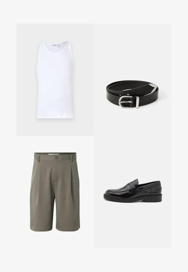 Débardeur en coton blanc avec un col rond et des bretelles larges. Texture lisse, sans motifs, design épuré et étiquette de marque au niveau du col.; Shorts homme longueur genou de couleur vert olive avec fermeture à boutons, passants pour ceinture et poches latérales, présentés sur fond blanc.; Mocassins en cuir noir avec une finition lisse, un bout rond, un petit talon et descoutures décoratives à l'avant. Semelle en caoutchouc pour l'adhérence.; Ceinture en cuir noir avec une boucle en métal argenté, présentant un design classique et une texture lisse. Comprend des trous pour un ajustement flexible.