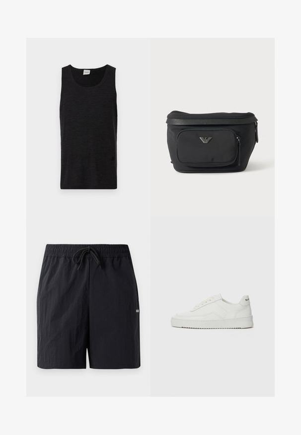 Sort ærmeløs tanktop lavet af struktureret materiale. Har en rund halsudskæring og en diskret logoaccents nær kanten. Simpelt design.; Sorte badeshorts lavet af struktureret stof, med elastisk talje med snor og et lille logo på siden.; Hvide lædersneakers med en glat overflade, rund tå, flade snørebånd og en tekstureret sål. Har et diskret logo på hælen.; Sort bæltetaske med frontlynlåslomme og sølv ørn-logo, glat stof med tekstureret kant og lynlåstræk.