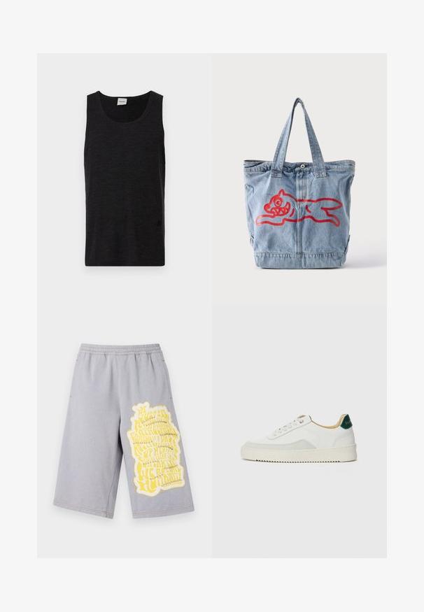 Zwarte mouwloze tanktop gemaakt van textuurmateriaal. Heeft een ronde halslijn en een subtiele logo-accent nabij de zoom. Eenvoudig ontwerp.; Grijze katoenen shorts met een elastische tailleband, voorzien van een grote gele grafische print en versleten randen aan het linkerbeen.; Witte sneaker met suède accenten, ronde neus, platte veters en een crème rubberen zool. Bevat groene branding op de hiel.; Lichtblauwe denim draagtas met twee handvatten en een rode omtrek van een rennend cartoonachtig dier aan de voorkant.
