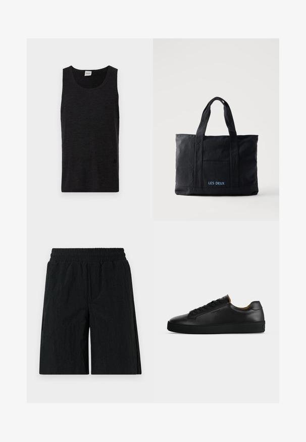 Must have kaeluseta must särk, mis on valmistatud tekstureeritud materjalist. Omab ümmargust kaeluslinna ja diskreetset logoaktsenti hemmi lähedal. Lihtne disain.; Mustad must Shorts elastseeliku vööga, tekstuurse kangaga, põlvepikkune disain ja küljetaskud.; Mustad madala säärega nahast vabaajajalatsid mustade paelte, tekstuuri kummipõhjaga ja väikese reljeefse logoga küljel, kujutatud profiilis halli taustaga.; Mustast lõuendist õlakott kahe sangaga, esitasku ja sinise tikandiga "LES DEUX" esitaskul.