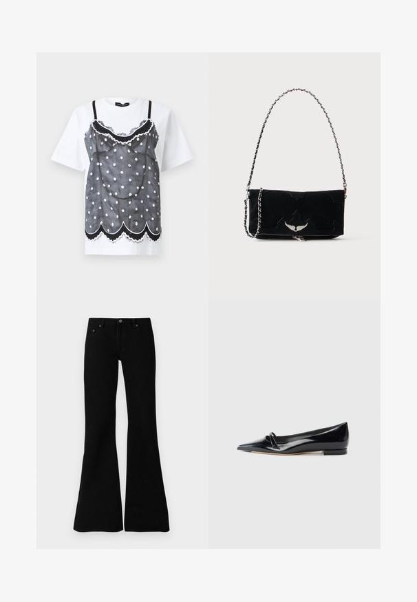 Hvid T-shirt med korte ærmer med sort-hvidt gennemsigtigt cami-top-print med polkaprikker, bølget kant og blonder.; Sorte flagrende jeans lavet af denim, med et klassisk fem-lomme design, knaplukning og subtile syninger langs sømmene.; Sorte patentlæder flade sko med spids tå, lille dekorativ rem og lav blokhæl. Glat tekstur og strømlinet design.; Sort rektangulær håndtaske med sølvvingeemblem foran og sølvkædestrop mod ensfarvet baggrund.