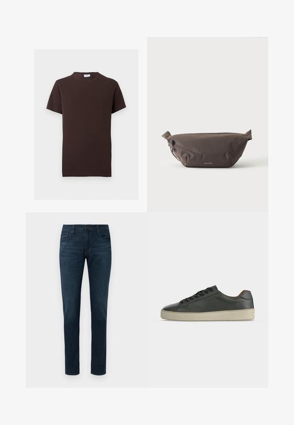 T-shirt uni marron foncé à manches courtes avec col rond, coupe slim et petite étiquette blanche à l'intérieur du col.; Jean slim-fit bleu foncé avec cinq poches, bouton à l'avant et fermeture éclair, présenté sur un fond blanc.; Baskets basses en cuir noir avec lacets noirs et semelle en caoutchouc écrue, vues de côté extérieur sur fond blanc.; Sac banane en tissu marron foncé avec poche zippée en diagonale et petit logo blanc sur le devant, sur un fond clair uni.