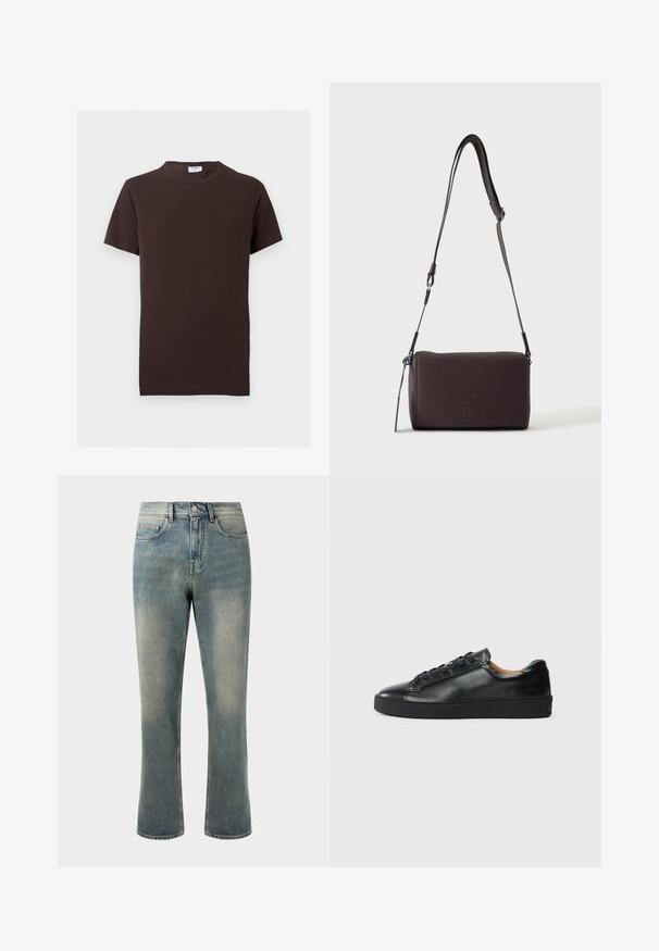 Effen donkerbruine T-shirt met korte mouwen en ronde halslijn, slim fit en een klein wit label aan de binnenkant van de kraag.; Lichtblauwe spijkerbroek met een rechte pijp, middelhoge taille en subtiele vervaging. Beschikt over klassieke zakstyling en contraststiksel.; Zwarte leren sneaker met een gladde textuur, ronde neus en vetersluiting. Heeft een dikke rubberen zool en minimale merkaanpassing.; Donkerbruine gestructureerde leren crossbodytas met verstelbare riem en klein decoratief blauw accent aan de zijkant.