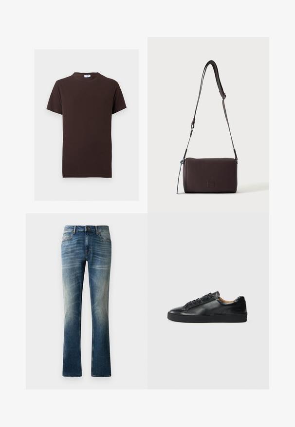 Enkelt mørkebrunt t-shirt med korte ærmer og rund hals, med slank pasform og et lille hvidt mærke inde i kraven.; Blå denim jeans med lige ben, der har et falmet vask, fem lommer og en brun knap i taljen.; Sorte lædersneakers med en glat overflade, rund tå og snørebåndslukning. Har en tyk gummisål og minimal branddetalje.; Mørkebrun textured læder crossbody taske med justerbar rem og lille dekorativ blå accent på siden.