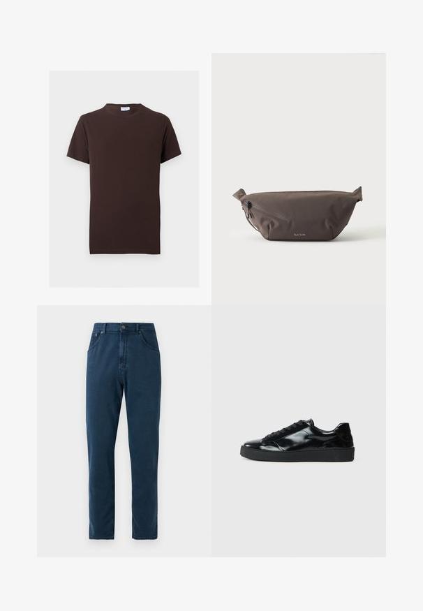 Camiseta lisa de color marrón oscuro, de manga corta con cuello redondo, ajuste entallado y una pequeña etiqueta blanca en el interior del cuello.; Jeans de pierna recta en azul marino con botones frontales, pasadores para cinturón y costuras visibles en los bolsillos y las costuras.; Zapatillas de charol negro con punta redonda, diseño con cordones, suela de goma texturizada y acabado suave.; Riñonera de tela marrón oscuro con bolsillo diagonal con cremallera y pequeño logo blanco en el frontal, sobre un fondo liso y claro.