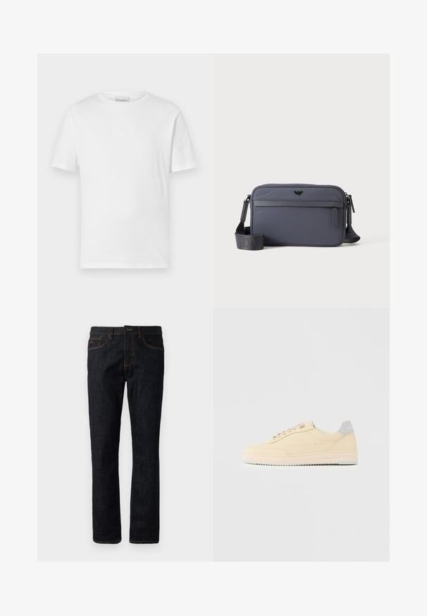 Hvid kortærmet t-shirt lavet af bomuld. Har en rund halsudskæring og lige kant. Ingen mønstre eller udsmykninger. Enkel design.; Mørkeblå slim-fit jeans med orange syninger, knaplukning og femlomme-design, præsenteret fladt mod en hvid baggrund.; Beige lavtop sneaker med snørelukning foran, lyserød sål og grå hællap med mærket "Filling Pieces", vist i profil på ensfarvet baggrund.; Grå rektangulær crossbody taske med lynlåslomme foran, justerbar skulderrem og lille sort logo midt for.