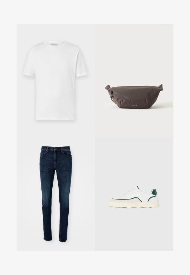 Hvid kortærmet t-shirt lavet af bomuld. Har en rund halsudskæring og lige kant. Ingen mønstre eller udsmykninger. Enkel design.; Mørkeblå denim jeans med slim fit, struktureret design, fem-lommes stil og let falmning langs benene og sømmene.; Hvide lavtop sneakers med grønne detaljer, beige ruskind og en cremefarvet sål med en rilllet bund.; Mørkebrun stof talje taske med diagonalt lynlåslomme og lille hvidt logo på fronten, sat mod en ensfarvet lys baggrund.
