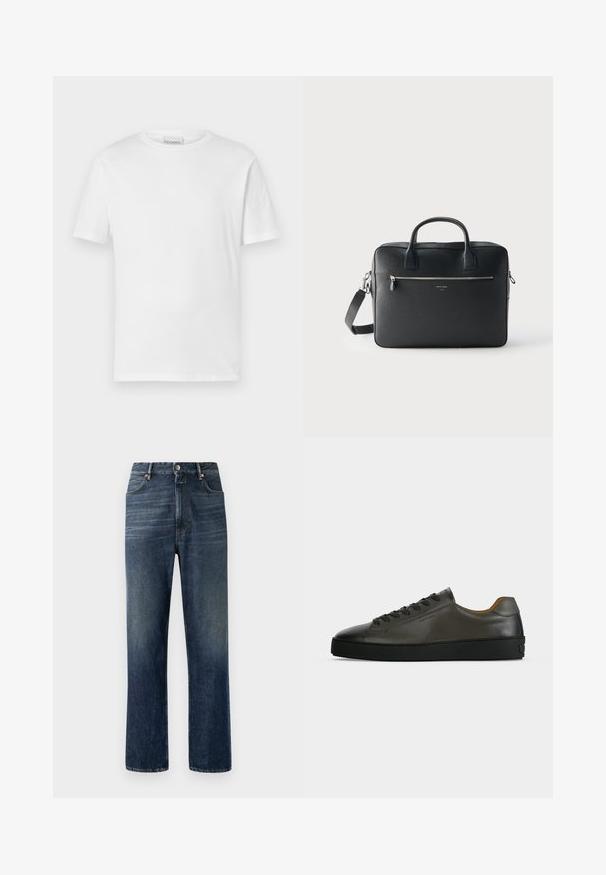 T-shirt blanc à manches courtes en coton. Présente un col rond et un ourlet droit. Sans motifs ni embellissements. Design simple.; Jeans en denim bleu foncé avec une coupe droite, couture visible, design à cinq poches et fermeture à bouton argenté à la taille.; Basket basse en cuir gris foncé avec lacets et semelle noirs, design minimaliste, profil latéral sur un fond clair uni.; Mallette rectangulaire en cuir noir avec doubles poignées, poche zippée avant et bandoulière amovible sur un fond clair uni.