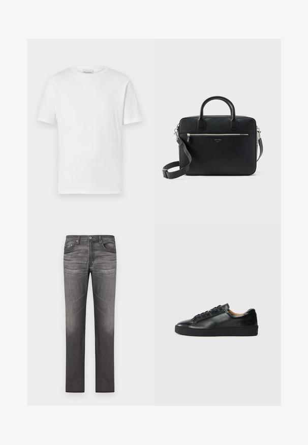 Weißes T-Shirt mit kurzen Ärmeln aus Baumwolle. Hat einen runden Halsausschnitt und einen geraden Saum. Keine Muster oder Verzierungen. Einfaches Design.; Dunkelgraue Jeans aus Denim mit geradem Bein, fünf Taschen, dezentem Ausbleichen und genähten Details entlang der Nähte.; Schwarze Leder-Sneaker mit glatter Textur, runder Zehenpartie und Schnürverschluss. Verfügt über eine dicke Gummisohle und minimalistische Marken-Details.; Schwarze strukturierte rechteckige Lederaktentasche mit Doppelgriffen, vorderer Reißverschlusstasche und verstellbarem Schultergurt, auf weißem Hintergrund dargestellt.