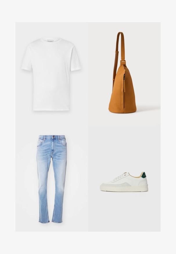 T-shirt blanc à manches courtes en coton. Présente un col rond et un ourlet droit. Sans motifs ni embellissements. Design simple.; Jean bleu clair en denim, avec une coupe droite, un léger délavage, cinq poches et une fermeture à bouton. Aucune motif ou embellissement visible.; Baskets blanches avec des accents en daim, bout arrondi, lacets plats et semelle en caoutchouc crème. Présente une marque verte sur le talon.; Sac besace en cuir couleur fauve avec sangle réglable et poche verticale zippée, présenté de profil sur un fond clair uni.