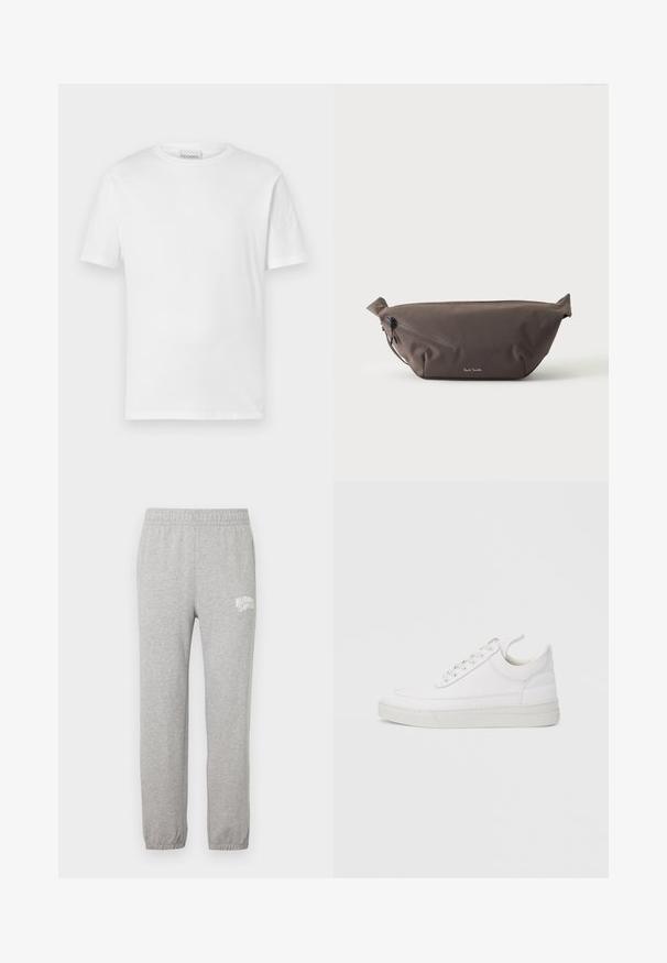 Weißes T-Shirt mit kurzen Ärmeln aus Baumwolle. Hat einen runden Halsausschnitt und einen geraden Saum. Keine Muster oder Verzierungen. Einfaches Design.; Graue Baumwoll-Sweatpants mit elastischem Bund und zulaufenden Beinen. Besitzt ein weißes Logo auf dem linken Oberschenkel. Glatte Textur.; Weißer Ledersneaker mit abgerundetem Zehenbereich, flacher Sohle und Schnürverschluss. Verfügt über Nahtdetails und einen gepolsterten Kragen für zusätzlichen Komfort.; Dunkelbraune Stoff-Gürteltasche mit diagonalem Reißverschlussfach und kleinem weißen Logo vorne, vor einem einfarbigen hellen Hintergrund.