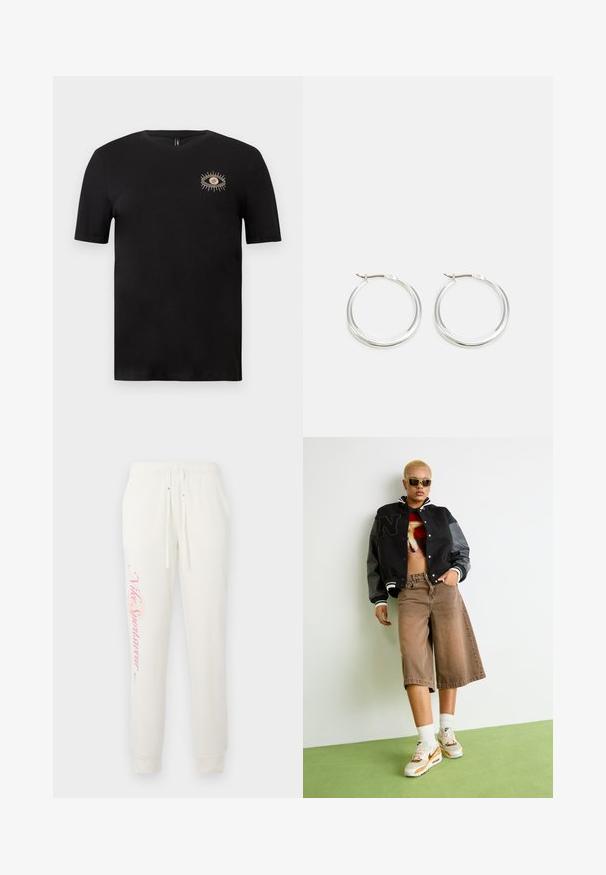 Sort kortærmet T-shirt med rund hals og lille beige broderet øje på venstre bryst.; Hvide sweatpants med en tætsiddende design, prydet med et pink "Nike Sportswear" logo på det venstre ben og elastisk talje med snore.; Person med kort blondt hår iført solbriller, sort varsity-jakke, grafisk crop top, brune vide shorts og hvide Nike sneakers, stående på grønt gulv.; Sølv hoops øreringe har et glat, afrundet design med en slank profil og sikker spænde. Minimalistisk stil med en poleret finish.