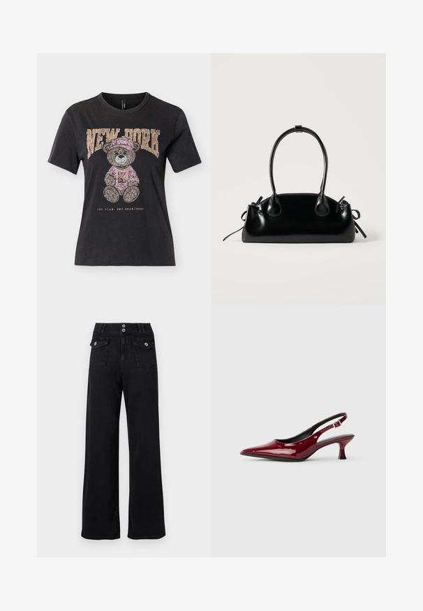 T-shirt noir à manches courtes avec un ours en peluche portant un chapeau et un pull roses, texte "NEW YORK" au-dessus et "ONE TEAM. ONE HEARTBEAT." en dessous.; Pantalon noir à taille haute et jambes larges, avec deux poches à rabat à l'avant fermées par des boutons et une fermeture à double bouton à la taille.; Escarpins à talons aiguilles en cuir verni bordeaux, avec un bout pointu et un élégant talon stiletto. Design à dos ouvert avec une sangle à la cheville réglable.; Petit sac à main noir brillant avec deux longues anses et des détails à cordon sur les côtés sur un fond clair uni.