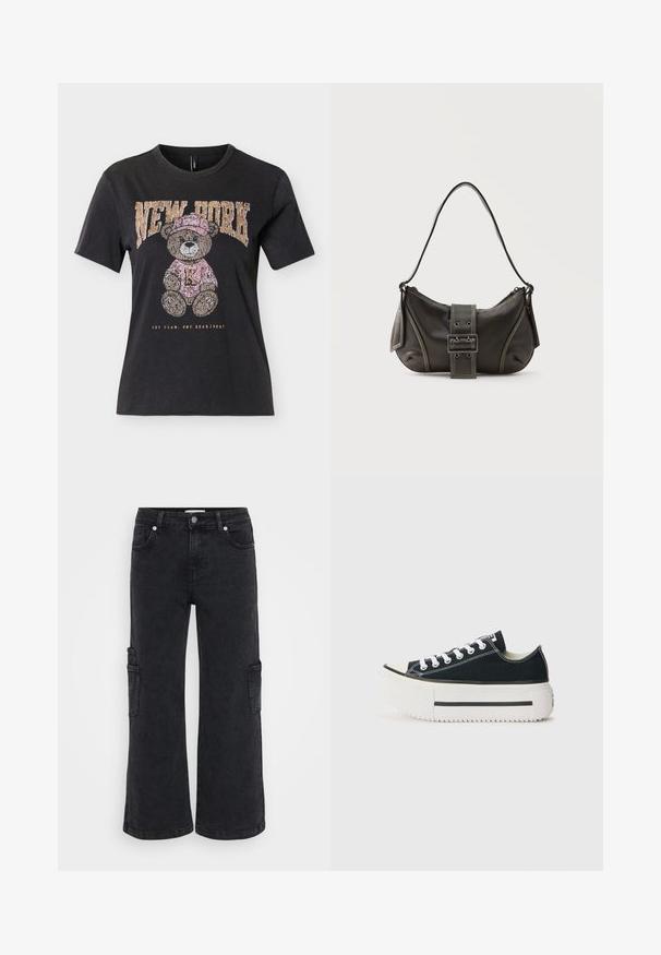 Zwart T-shirt met korte mouwen met een teddybeer die een roze hoed en trui draagt, de tekst "NEW YORK" erboven en "ONE TEAM. ONE HEARTBEAT." eronder.; Zwarte denim cargobroek met brede pijpen, voorzien van voorzakken en zijcargozakken. Glad textuur en klassiek vijf-zakken ontwerp.; Zwarte canvas sneakers met een witte rubberen zool, met een dikke plateauzool, witte veters en contrasterende stiksels langs de naden.; Zwarte leren schoudertas met gespsluiting aan de riem, afgeronde hoeken en contrasterende witte stiksels op een effen achtergrond.