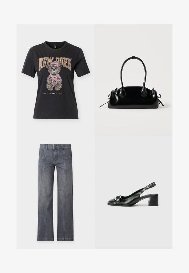 T-shirt noir à manches courtes avec un ours en peluche portant un chapeau et un pull roses, texte "NEW YORK" au-dessus et "ONE TEAM. ONE HEARTBEAT." en dessous.; Jean droit gris en denim avec détails sur la couture avant, passants de ceinture et fermeture par bouton sur un fond clair uni.; Sandale à talon en cuir noir avec un bout pointu, une sangle texturée ornée d'accents métalliques circulaires et un talon empilé.; Petit sac à main noir brillant avec deux longues anses et des détails à cordon sur les côtés sur un fond clair uni.
