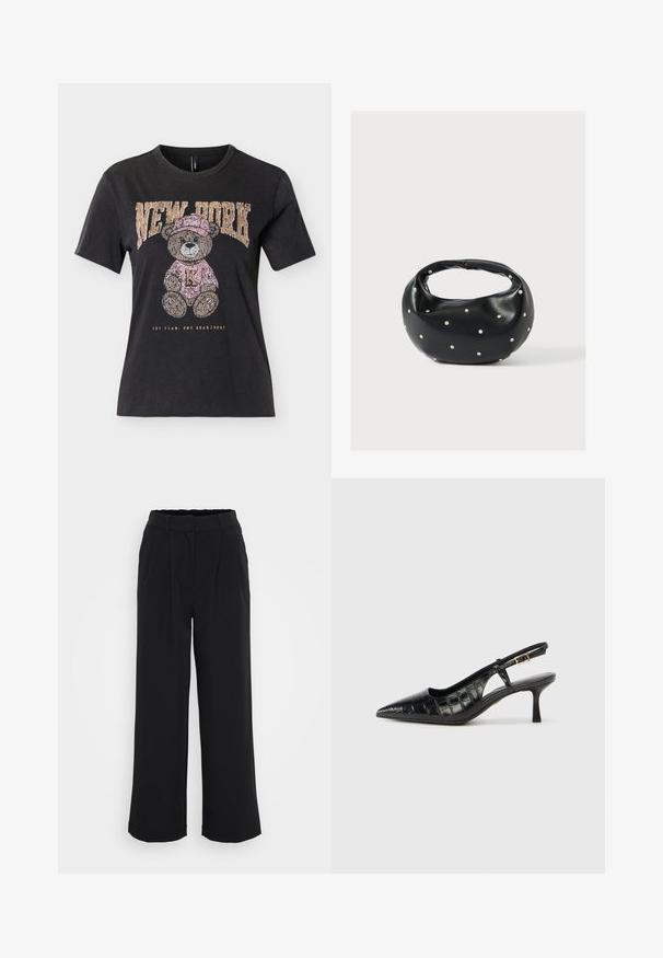 T-shirt noir à manches courtes avec un ours en peluche portant un chapeau et un pull roses, texte "NEW YORK" au-dessus et "ONE TEAM. ONE HEARTBEAT." en dessous.; Pantalons larges noirs en tissu lisse, avec un devant plissé, une taille élastique et sans poches ni éléments métalliques visibles.; Escarpins noirs à bride arrière avec un bout pointu et un motif texturé en cuir crocodile embossé. Comprend une fine bride de cheville et un petit talon.; Sac à main en cuir noir de forme arrondie, décoré de clous argentés et équipé d'une poignée courte. Texture lisse et fermeture éclair.