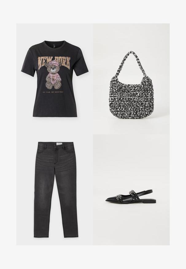 Schwarzes kurzärmeliges T-Shirt mit einem Teddybär, der einen rosa Hut und Pullover trägt, mit dem Schriftzug "NEW YORK" darüber und "ONE TEAM. ONE HEARTBEAT." darunter.; Schwarze Jeans mit geradem Bein, Knopf- und Reißverschluss, Vorder- und Gesäßtaschen und dezenter Ausbleichung an den Oberschenkeln, flach auf weißem Hintergrund ausgelegt.; Even&Odd by Zalando Sling-Ballerina - black; Gewebte Handtasche in Schwarz und Weiß mit runder Form, strukturiertem Oberflächenfinish und geflochtener Grifffläche. Geeignet für den lässigen Gebrauch.
