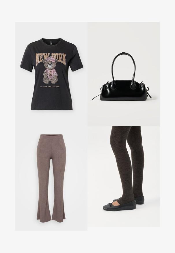 Camiseta negra de manga corta con un osito de peluche que lleva un sombrero rosa y un suéter, texto "NEW YORK" arriba y "ONE TEAM. ONE HEARTBEAT." abajo.; Pantalones acampanados de canalé marrones con una cinturilla alta y elástica, y una textura suave, que presentan un sutil patrón vertical en toda su superficie.; Piernas con leggings oscuros acanalados combinados con bailarinas negras que presentan pequeños detalles de lazo sobre un fondo blanco.; Pequeño bolso negro brillante con dos asas largas y detalles de cordón lateral sobre un fondo claro liso.