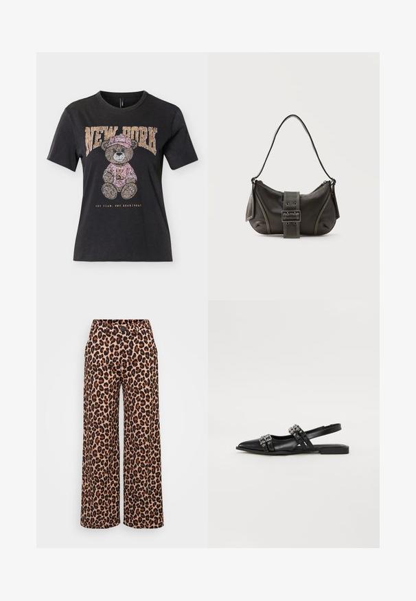 T-shirt noir à manches courtes avec un ours en peluche portant un chapeau et un pull roses, texte "NEW YORK" au-dessus et "ONE TEAM. ONE HEARTBEAT." en dessous.; Even&Odd Petite by Zalando P-EO-AW21-A-003-SP / PETITE_TAILORED WIDE LEG TROUSERS - Pantalon classique - brown; Even&Odd by Zalando Ballerines à brides arrière - black; Sac à épaule en cuir noir avec une sangle à boucle, des bords arrondis et des coutures blanches contrastées sur un fond uni.