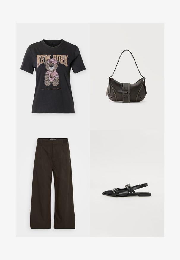 Schwarzes kurzärmeliges T-Shirt mit einem Teddybär, der einen rosa Hut und Pullover trägt, mit dem Schriftzug "NEW YORK" darüber und "ONE TEAM. ONE HEARTBEAT." darunter.; Dunkelbraune, weit geschnittene Hosen mit dünnen vertikalen Nadelstreifen, Gürtelschlaufen und einem Frontreißverschluss.; Even&Odd by Zalando Sling-Ballerina - black; Schwarze Leder-Schultertasche mit Schnallengurt-Detail, abgerundeten Kanten und kontrastierenden weißen Nähten auf schlichtem Hintergrund.
